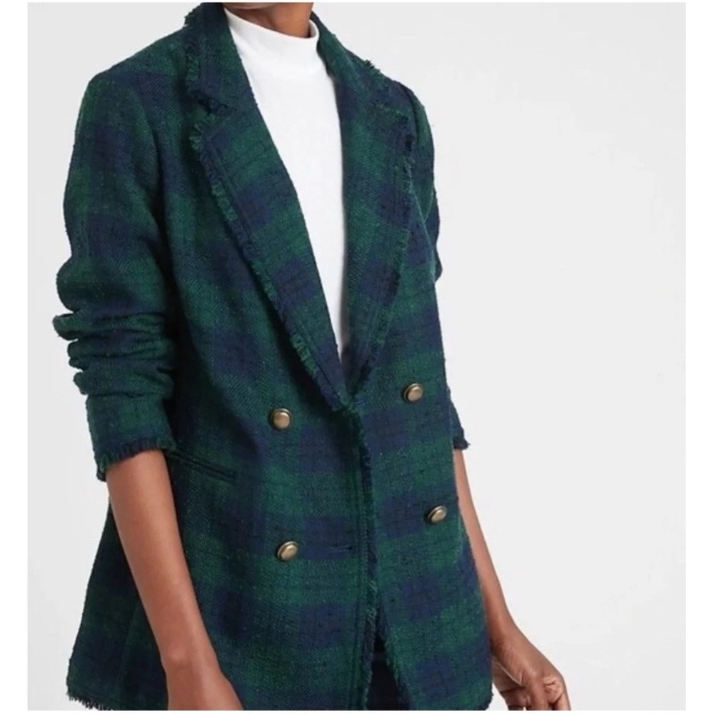Banana Republic Blazer Women XL Green Tartan Plaid Double Breasted Boucle Tweed
